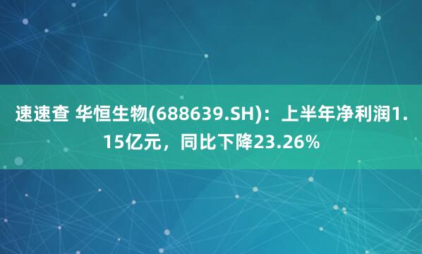 速速查 华恒生物(688639.SH)：上半年净利润1.15亿元，同比下降23.26%